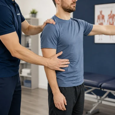 Sports rehabilitation therapist assessing shoulder mobility and movement during a personalised musculoskeletal assessment in Richmond