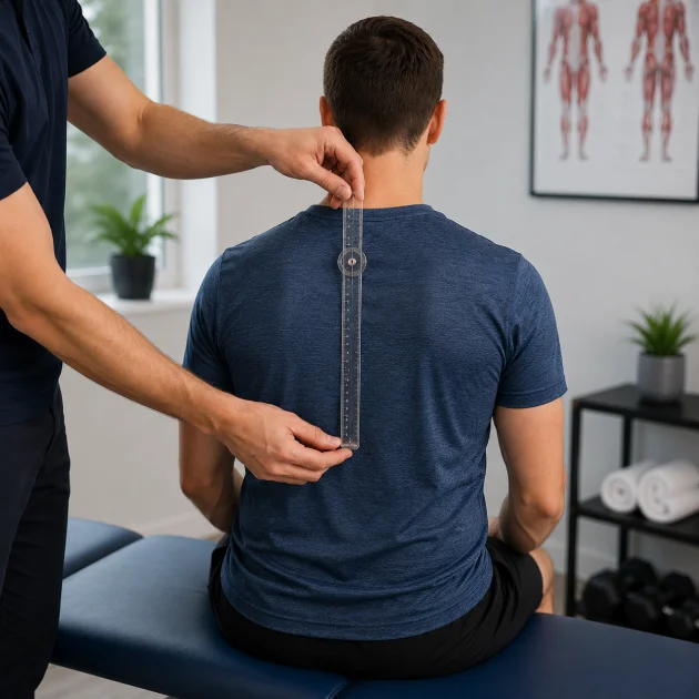 Sports rehabilitation therapist assessing shoulder mobility and posture using a goniometer during a musculoskeletal assessment in a rehabilitation clinic in Richmond