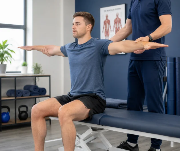 Sports rehabilitation therapist guiding a shoulder mobility exercise during a personalised rehabilitation session in Richmond