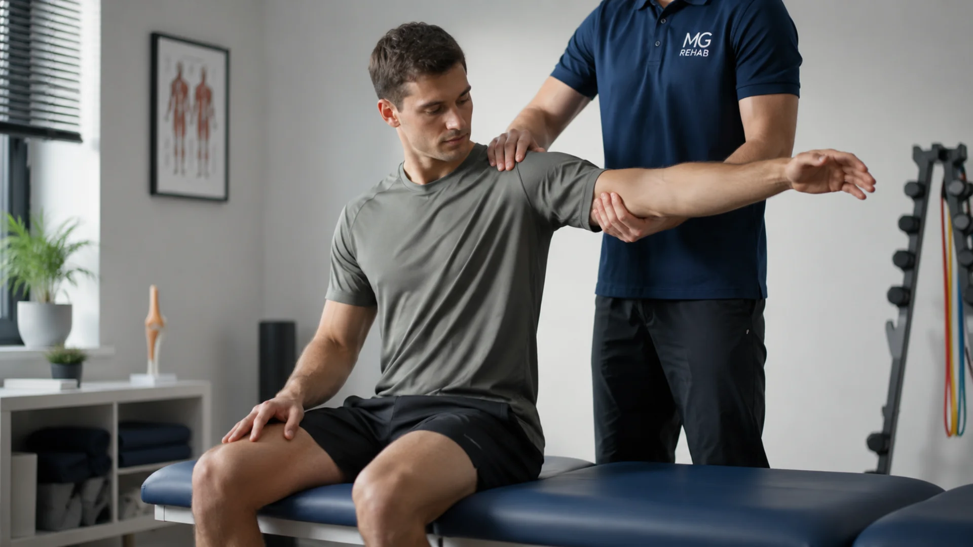 Sports therapist assessing shoulder movement during personalised injury rehabilitation in Richmond