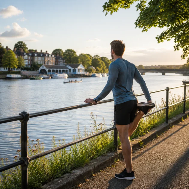 Runner stretching beside the River Thames in Mortlake before sports massage and injury rehabilitation at MG Rehab