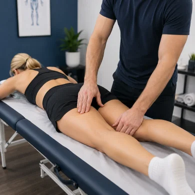 Male sports massage therapist performing deep tissue leg massage on a patient during a personalised sports massage treatment at a rehabilitation clinic in Richmond
