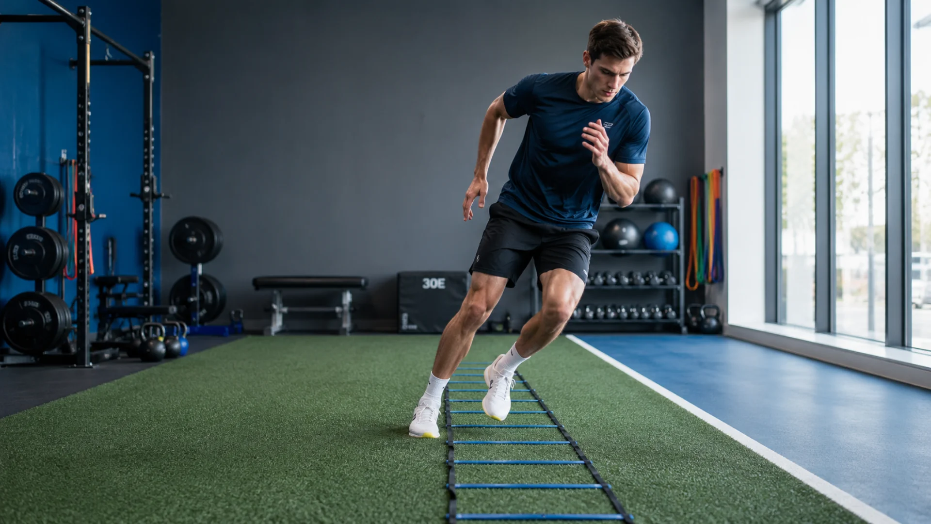 Athlete performing an agility exercise as part of personalised sports injury rehabilitation in Twickenham.