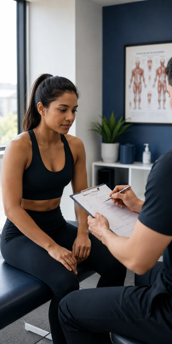 Sports rehabilitation consultation at MG Rehab clinic in Richmond with personalised patient assessment