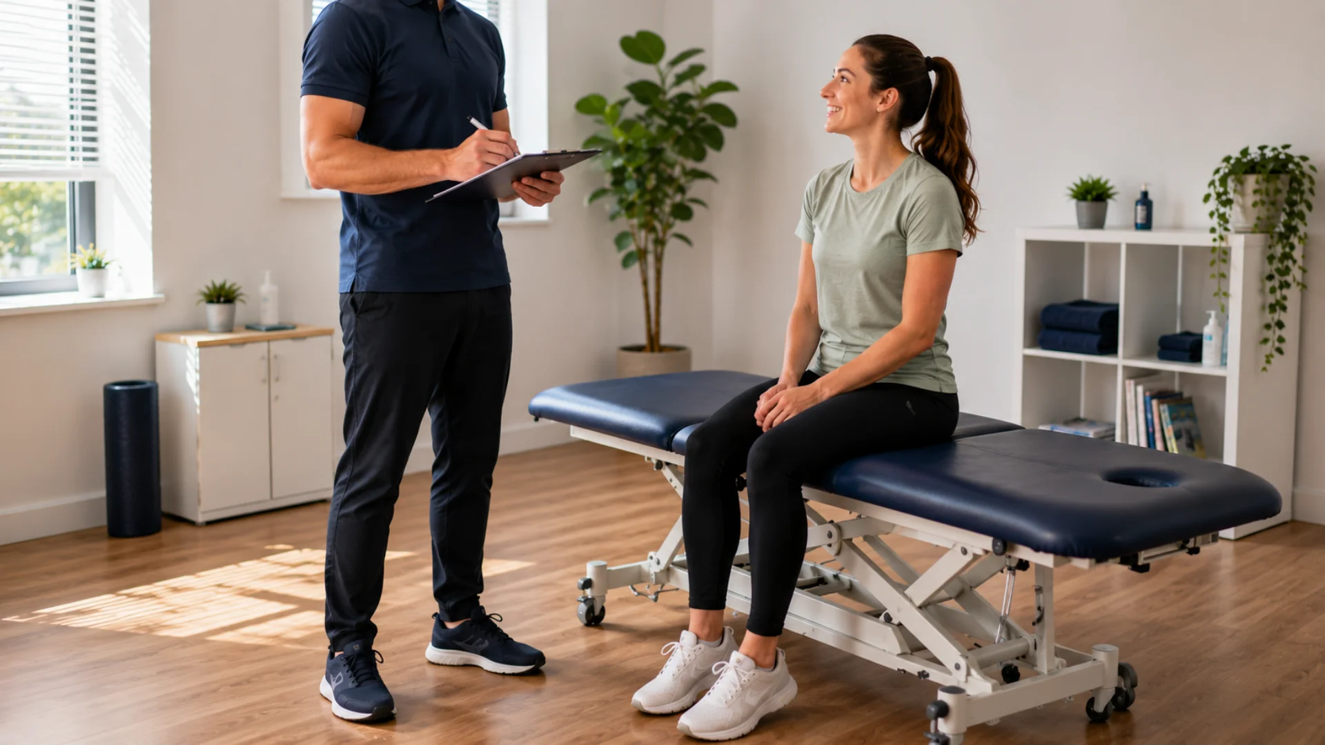 Sports therapist discussing a personalised injury rehabilitation treatment plan with a client during a consultation in Richmond.