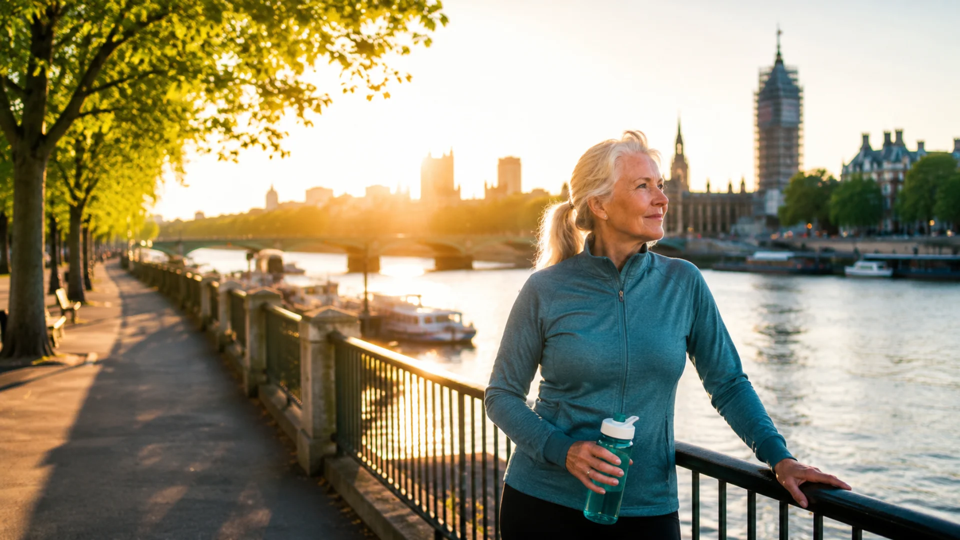 Active older adult enjoying the River Thames in Mortlake after sports injury rehabilitation at MG Rehab
