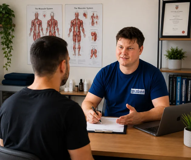 Sports therapist discussing injury rehabilitation and personalised treatment plans with a client in Richmond