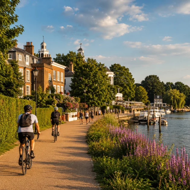 Cyclists and walkers enjoying the River Thames riverside path in Teddington, reflecting the area's active lifestyle and outdoor recreation