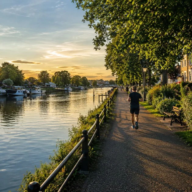 Runner along the River Thames riverside path in Teddington during golden hour, illustrating an active lifestyle and local rehabilitation