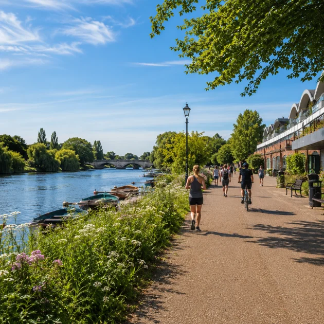 People walking, running and cycling along the Thames Path near Kew on a sunny day