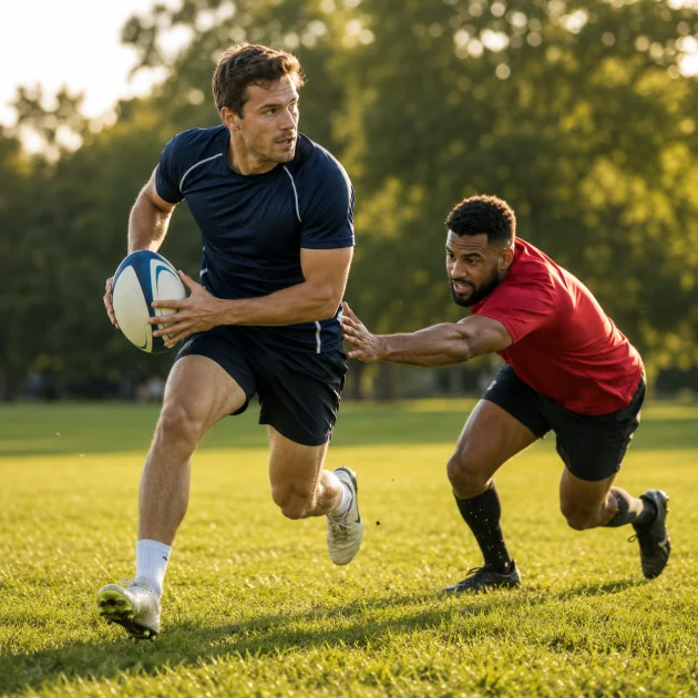 Amateur rugby players training on a grass pitch in Twickenham