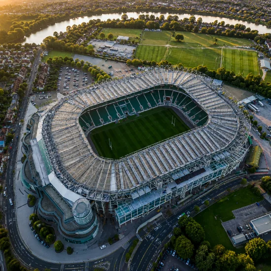 Aerial view of Twickenham Stadium showing the rugby stadium and surrounding sports grounds near Richmond, South West London